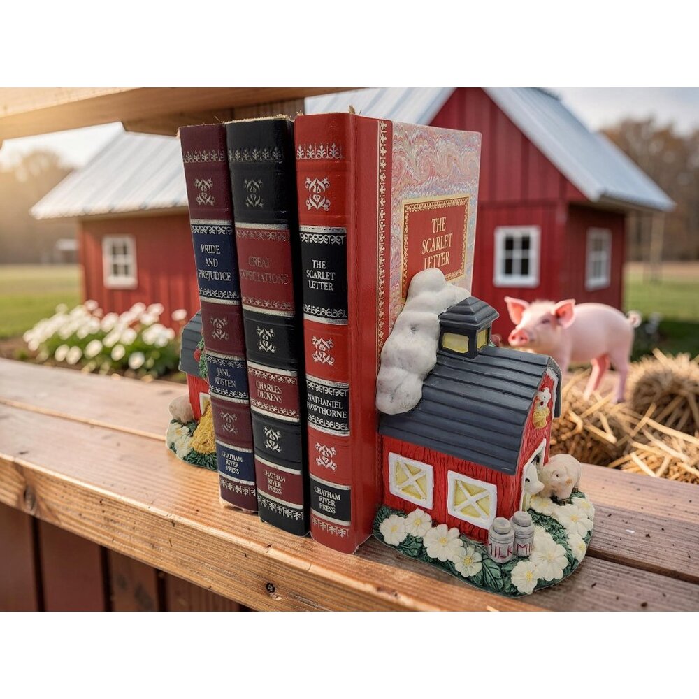 vintage youngs heavy resin red barn farm animals vibrant colors bookends. - Picture 6 of 13